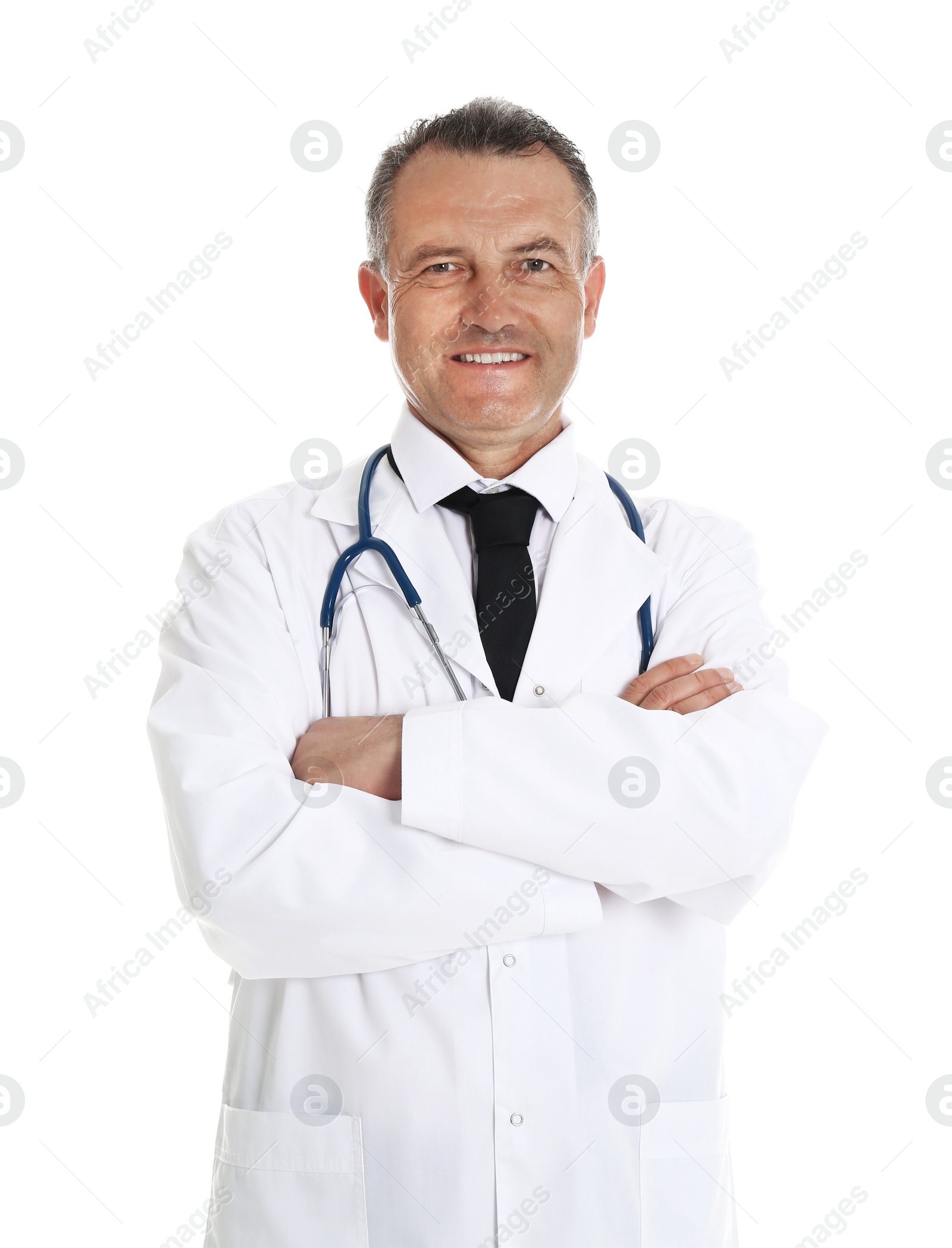 Photo of Portrait of experienced doctor in uniform on white background. Medical service