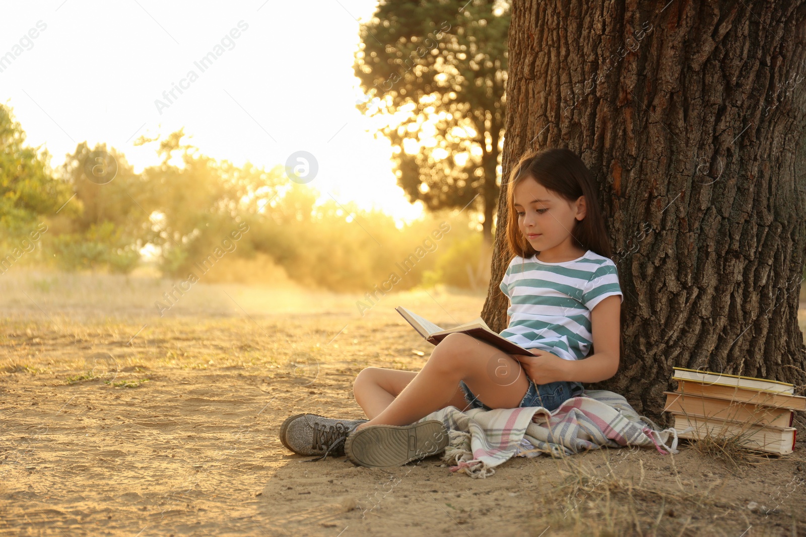 Photo of Cute little girl reading book near tree in park