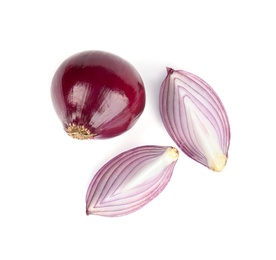 Photo of Fresh whole and cut red onions on white background, top view