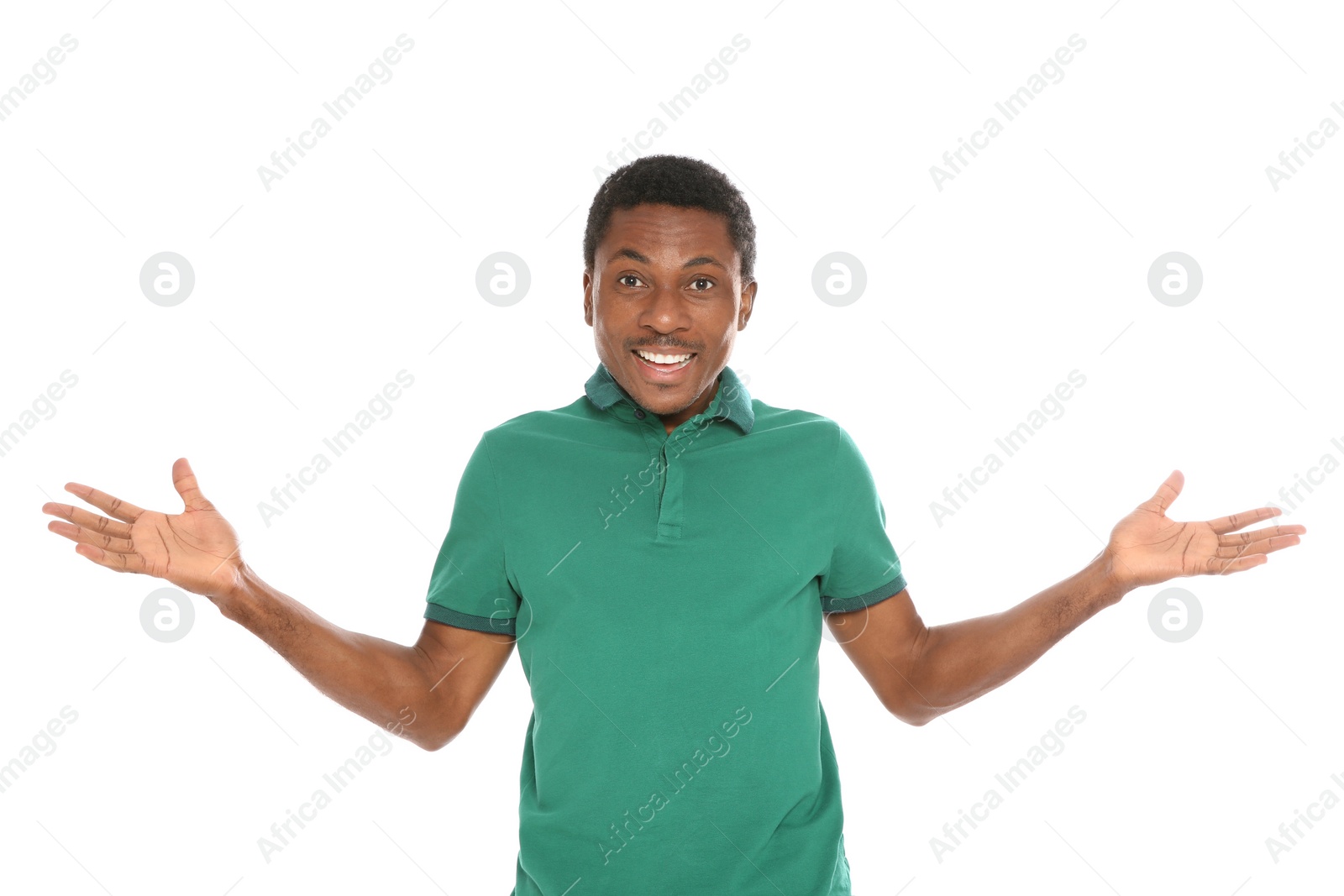 Photo of Portrait of emotional African-American man on white background