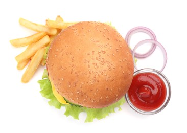 French fries, tasty burger and ingredients on white background, top view