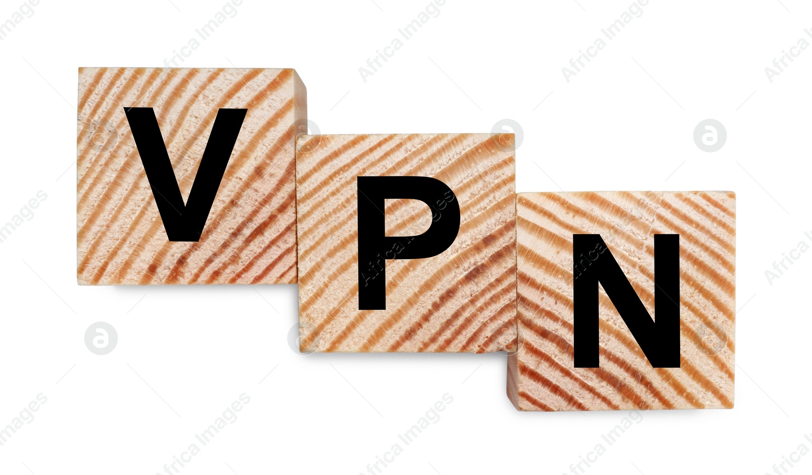 Photo of Cubes with acronym VPN on white background, top view