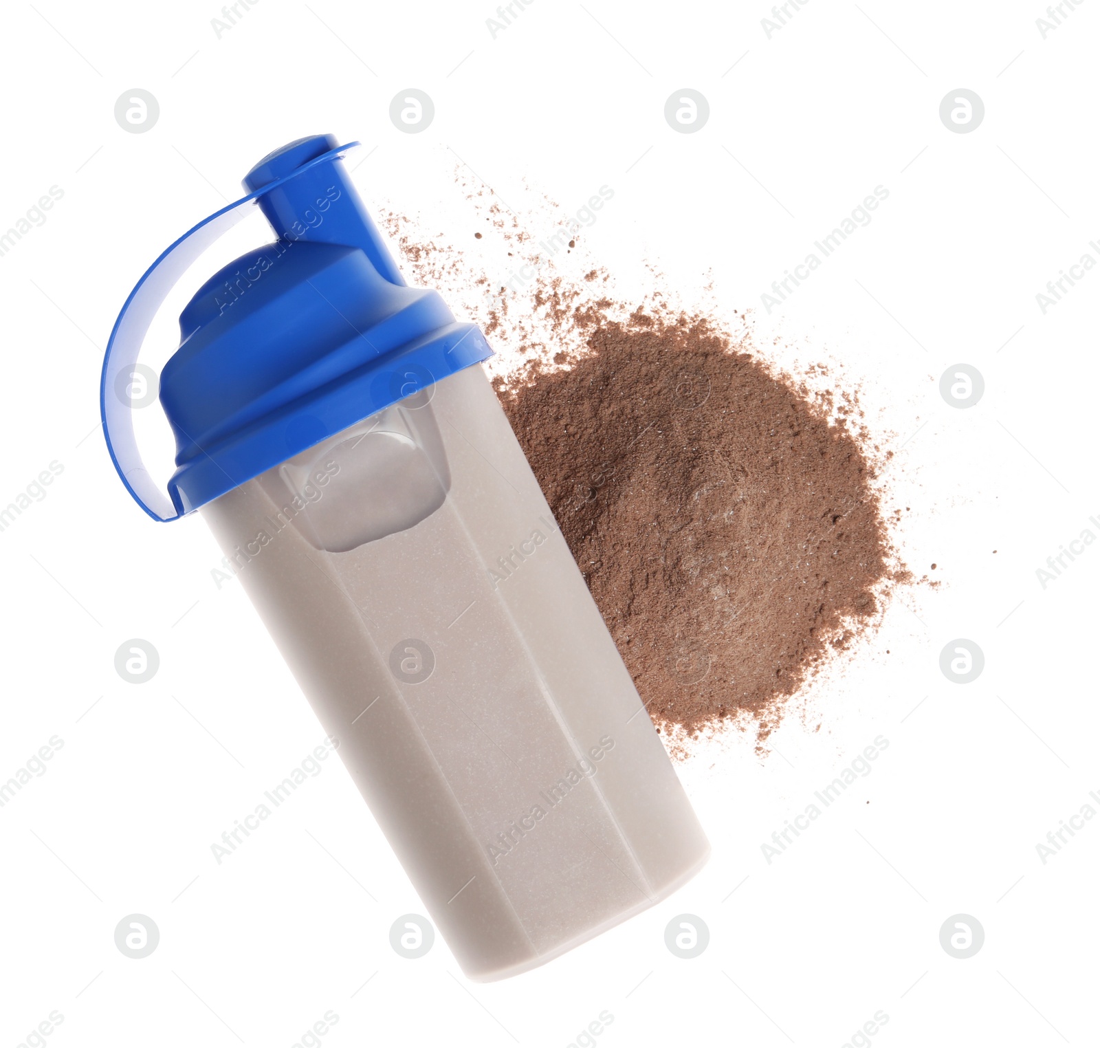 Photo of Protein shake in sport bottle and powder on white background, top view