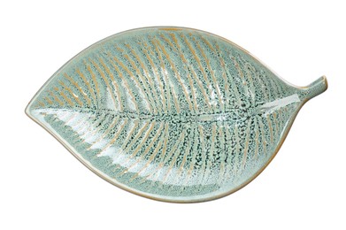 Photo of Beautiful green leaf shaped ceramic plate on white background, top view