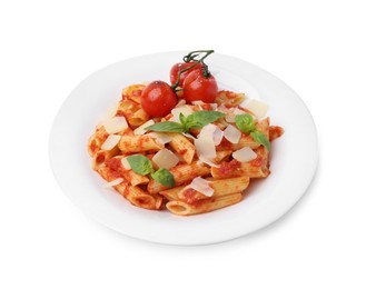 Tasty pasta with tomato sauce, cheese and basil isolated on white