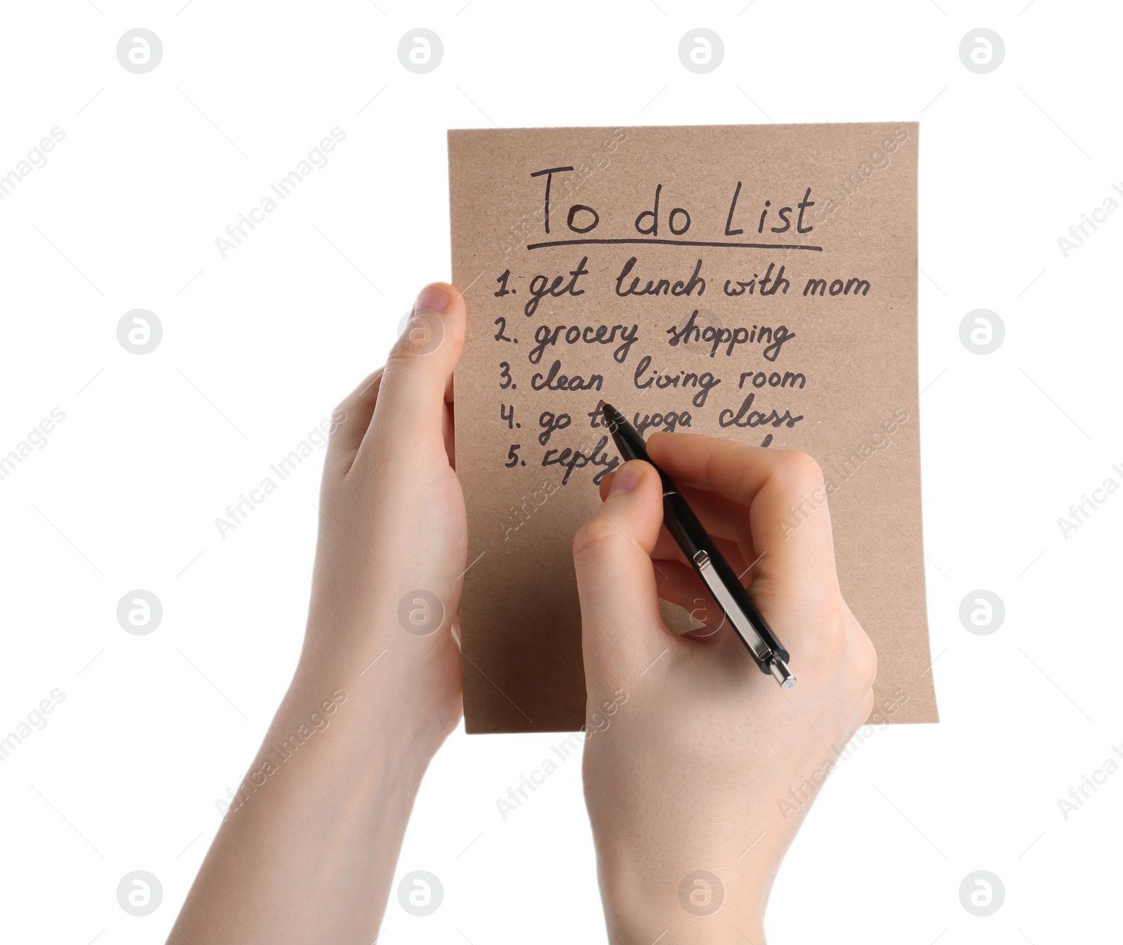 Photo of Woman checking to do list on white background, closeup