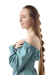 Woman with braided hair on white background