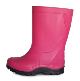 Photo of Modern pink rubber boot isolated on white