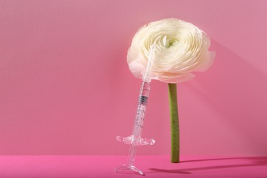 Photo of Cosmetology. Medical syringe and ranunculus flower on pink background, space for text