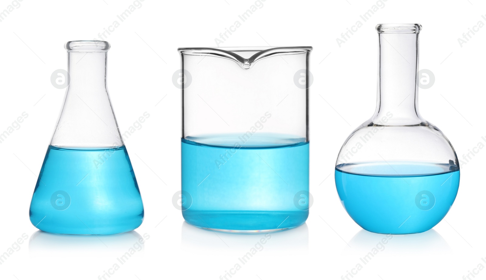 Image of Different laboratory glassware with light blue samples on white background, collage