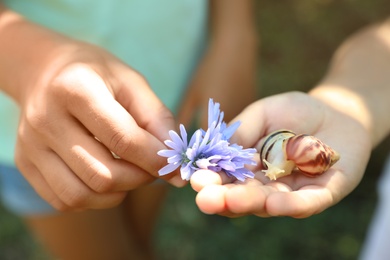 Photo of Kids playing with cute snails outdoors, closeup. Children spending time in nature