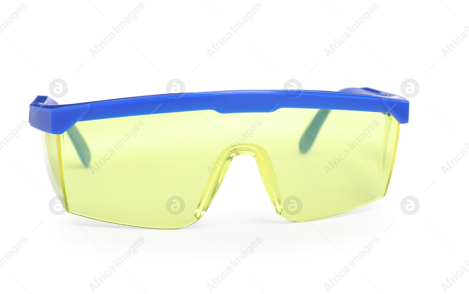 Photo of Protective goggles isolated on white. Safety equipment