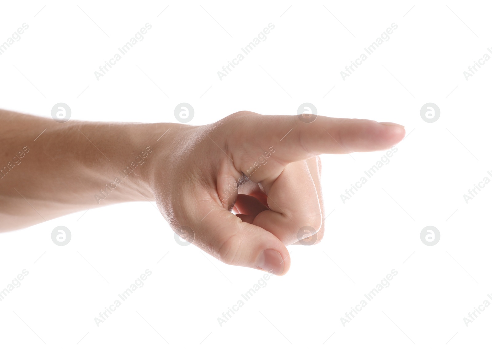 Photo of Man pointing at something on white background, closeup of hand