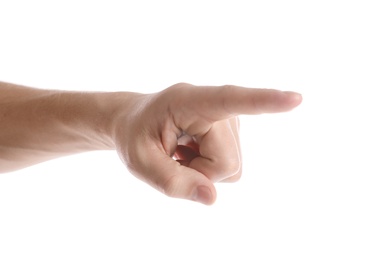 Photo of Man pointing at something on white background, closeup of hand