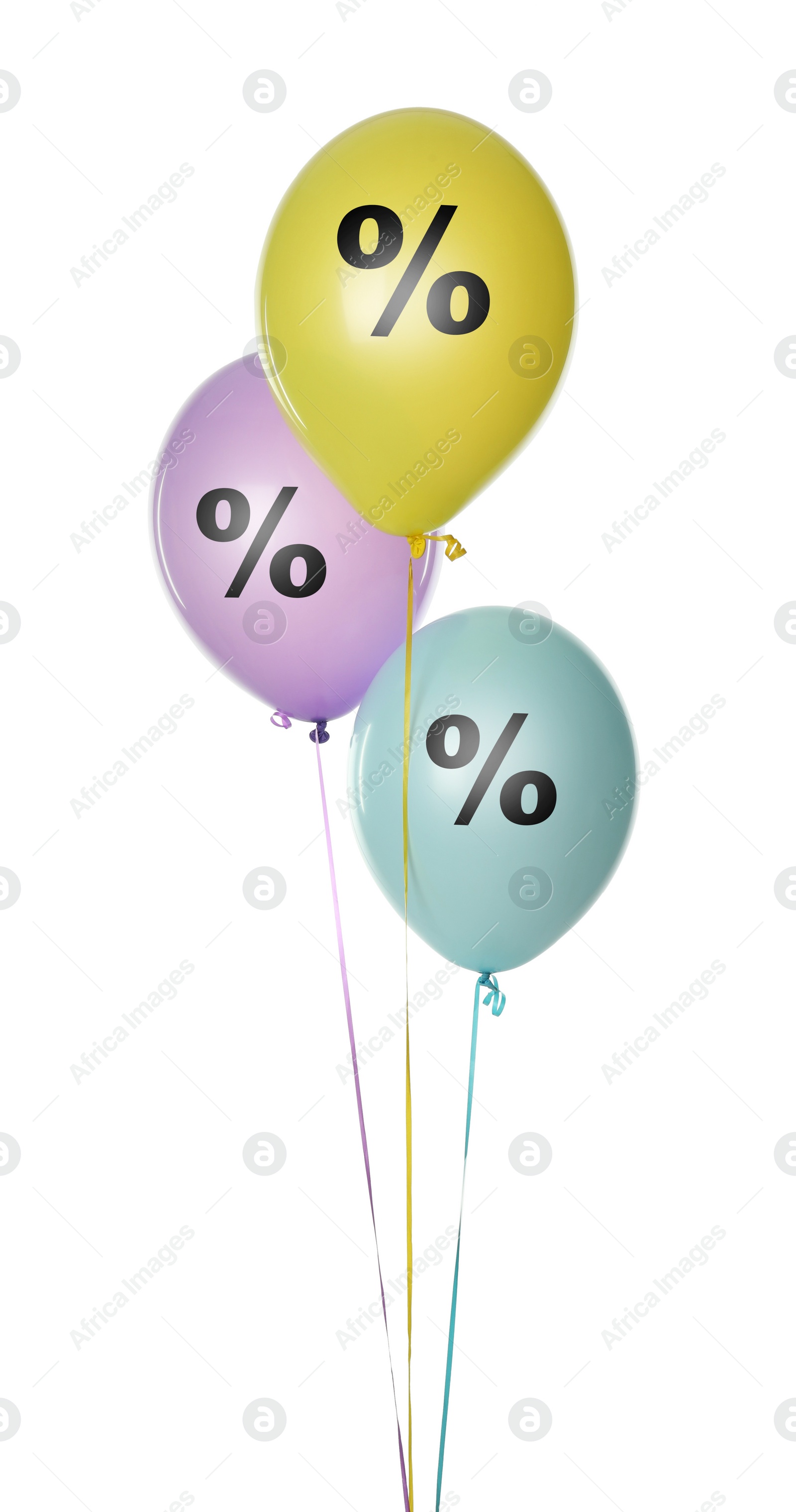 Image of Discount offer. Bright balloons with percent sign on white background