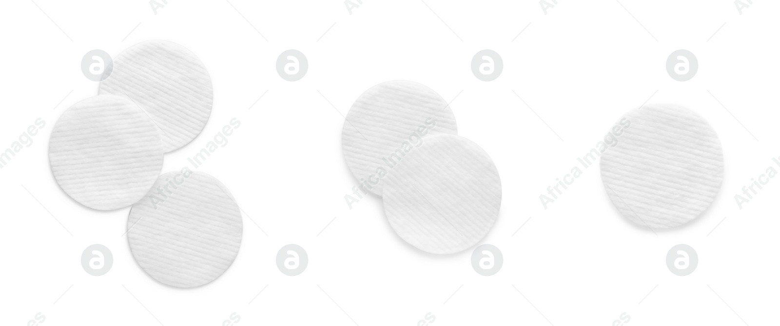 Image of Set with soft clean cotton pads on white background, top view. Banner design