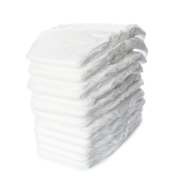 Photo of Stack of baby diapers isolated on white