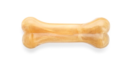 Photo of Chew bone for dog on white background, top view. Pet toy