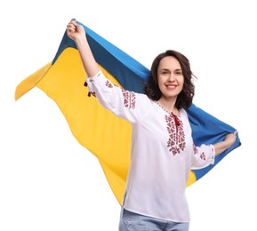 Photo of Happy woman with flag of Ukraine on white background