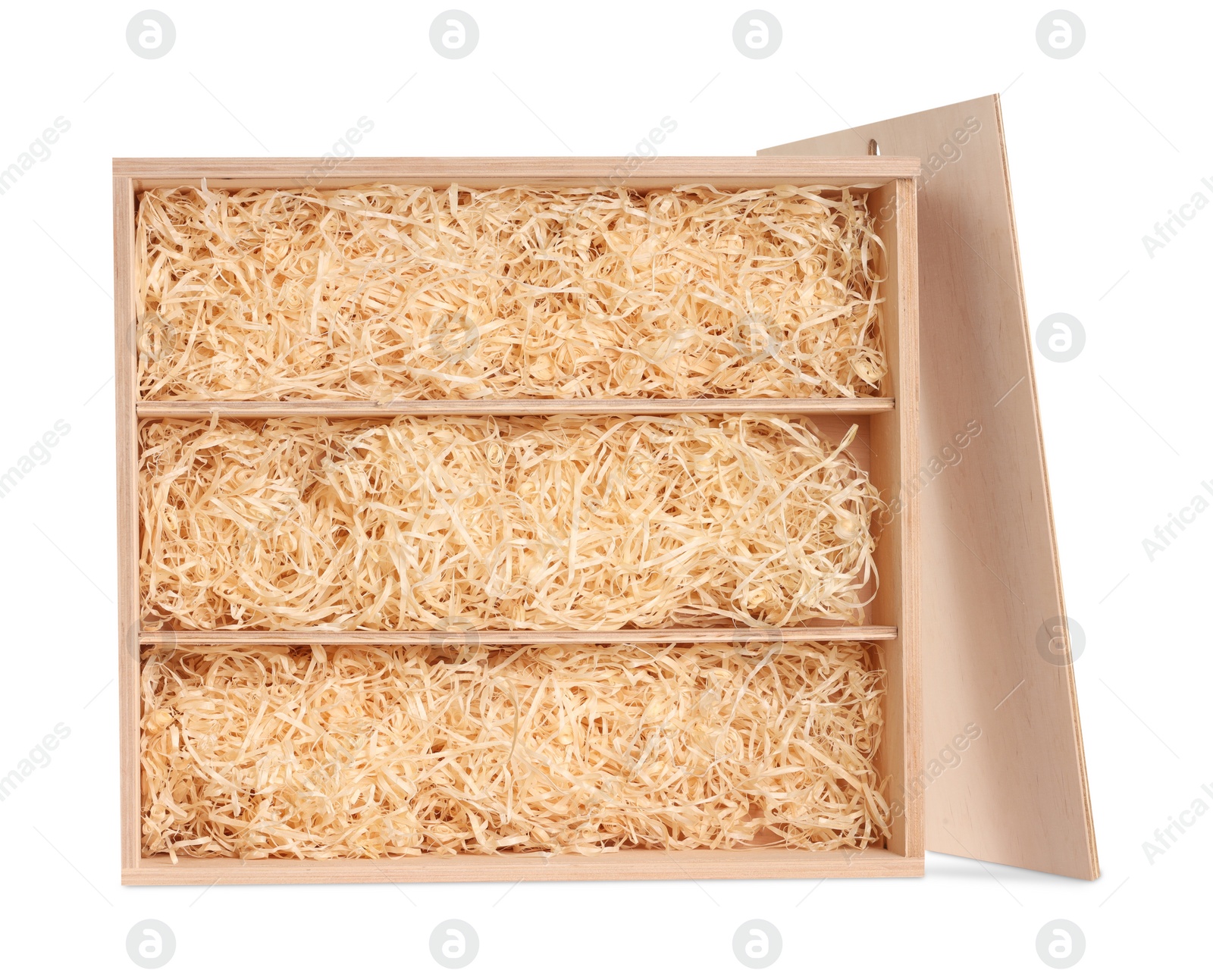 Photo of Open wooden wine box with straw isolated on white