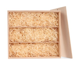 Photo of Open wooden wine box with straw isolated on white