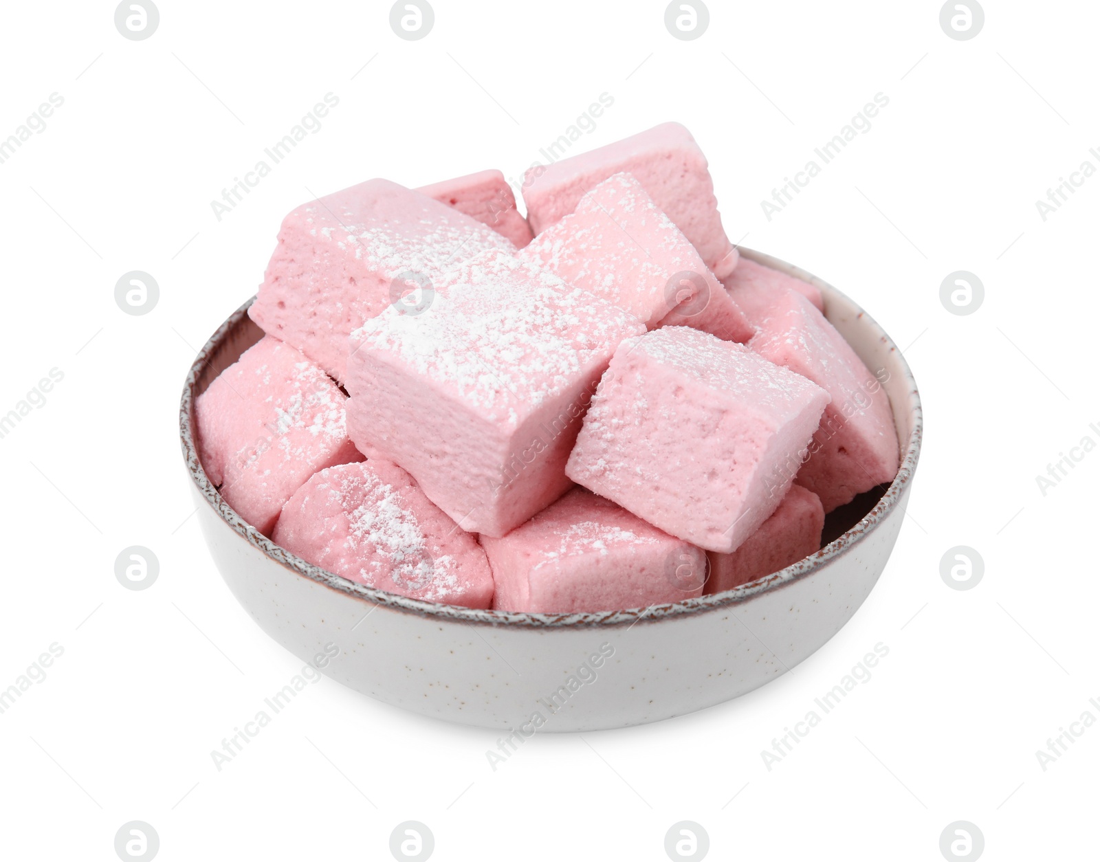 Photo of Bowl of delicious sweet marshmallows with powdered sugar isolated on white