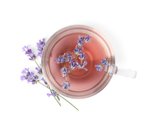 Photo of Fresh delicious tea with lavender and beautiful flowers isolated on white, top view