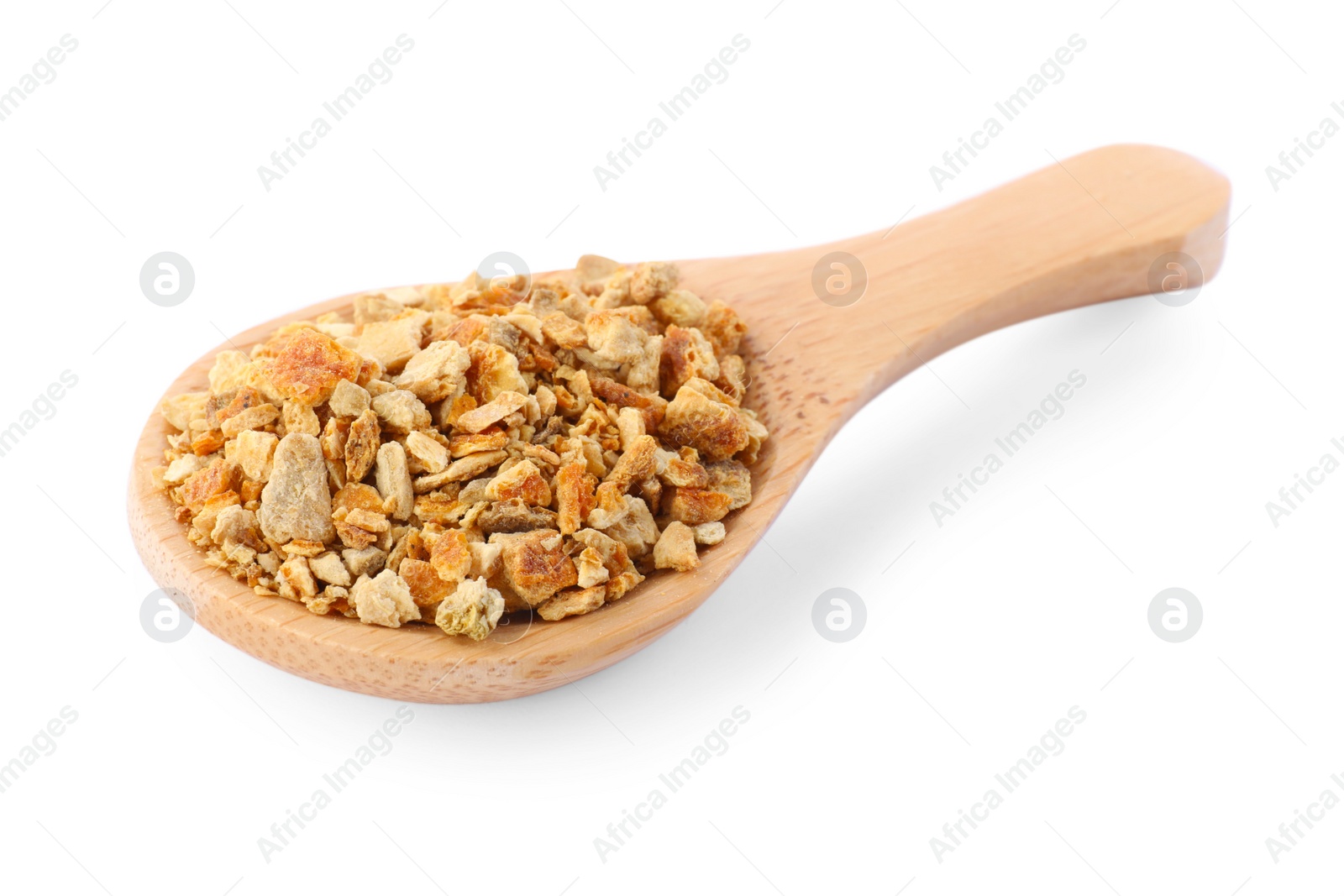 Photo of Spoon with dried orange zest seasoning isolated on white