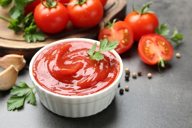 Photo of Delicious ketchup in bowl, tomatoes, parsley and garlic on grey table, closeup