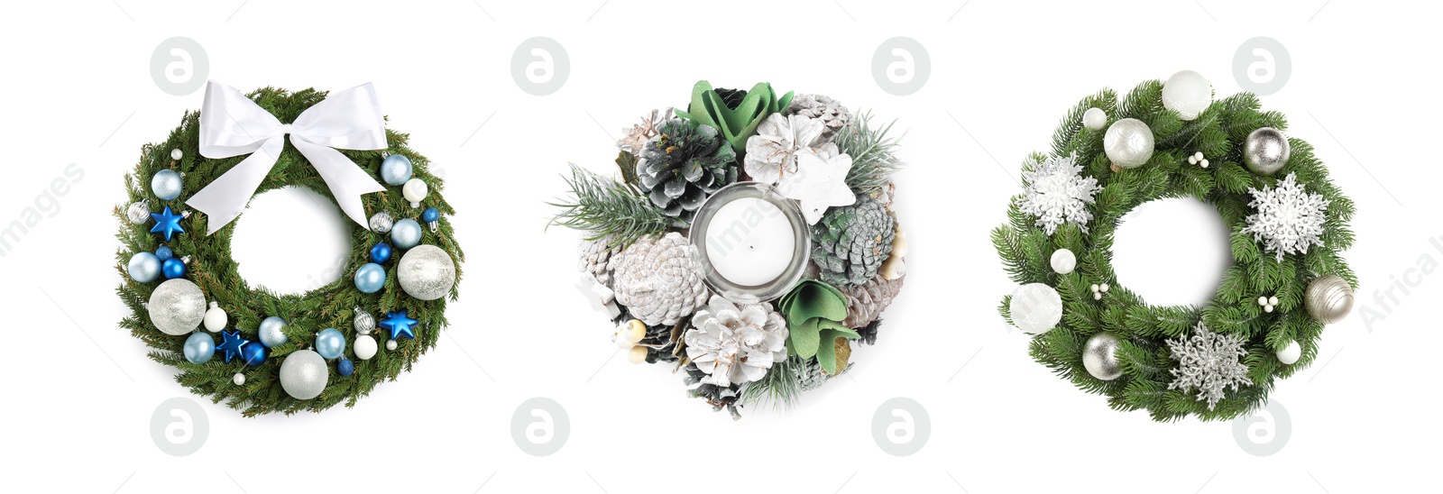 Image of Set with beautiful Christmas wreaths on white background, banner design