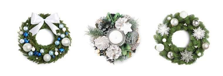 Image of Set with beautiful Christmas wreaths on white background, banner design