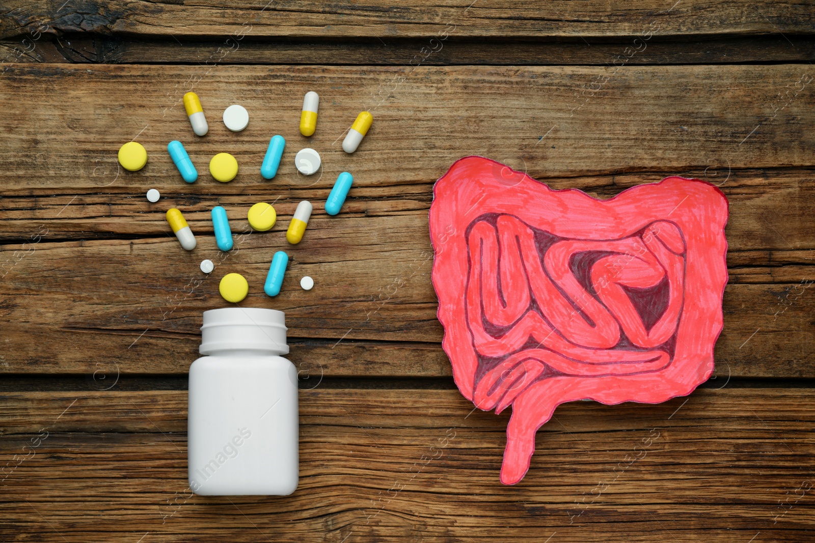 Photo of Paper intestine cutout and bottle of pills on wooden background, flat lay