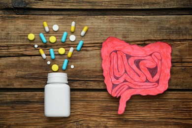 Photo of Paper intestine cutout and bottle of pills on wooden background, flat lay