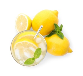Natural lemonade with mint and fresh fruits on white background, top view. Summer refreshing drink