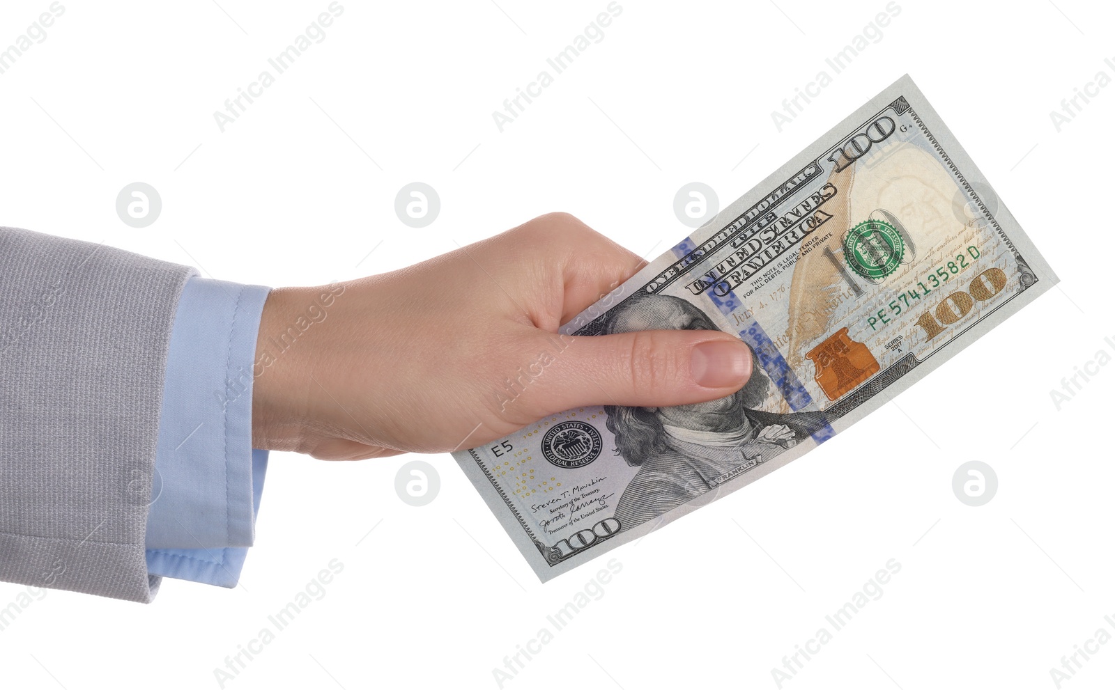 Photo of Money exchange. Woman holding dollar banknote on white background, closeup