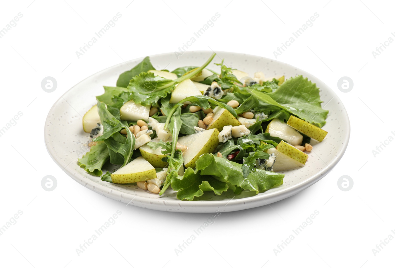 Photo of Tasty salad with pear slices, lettuce and pine nuts isolated on white