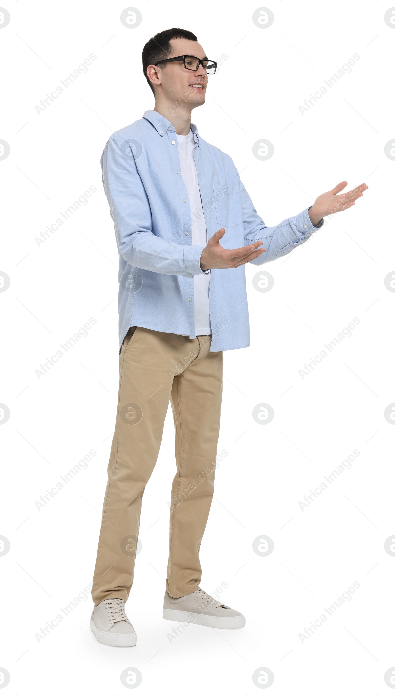 Photo of Young man in glasses on white background