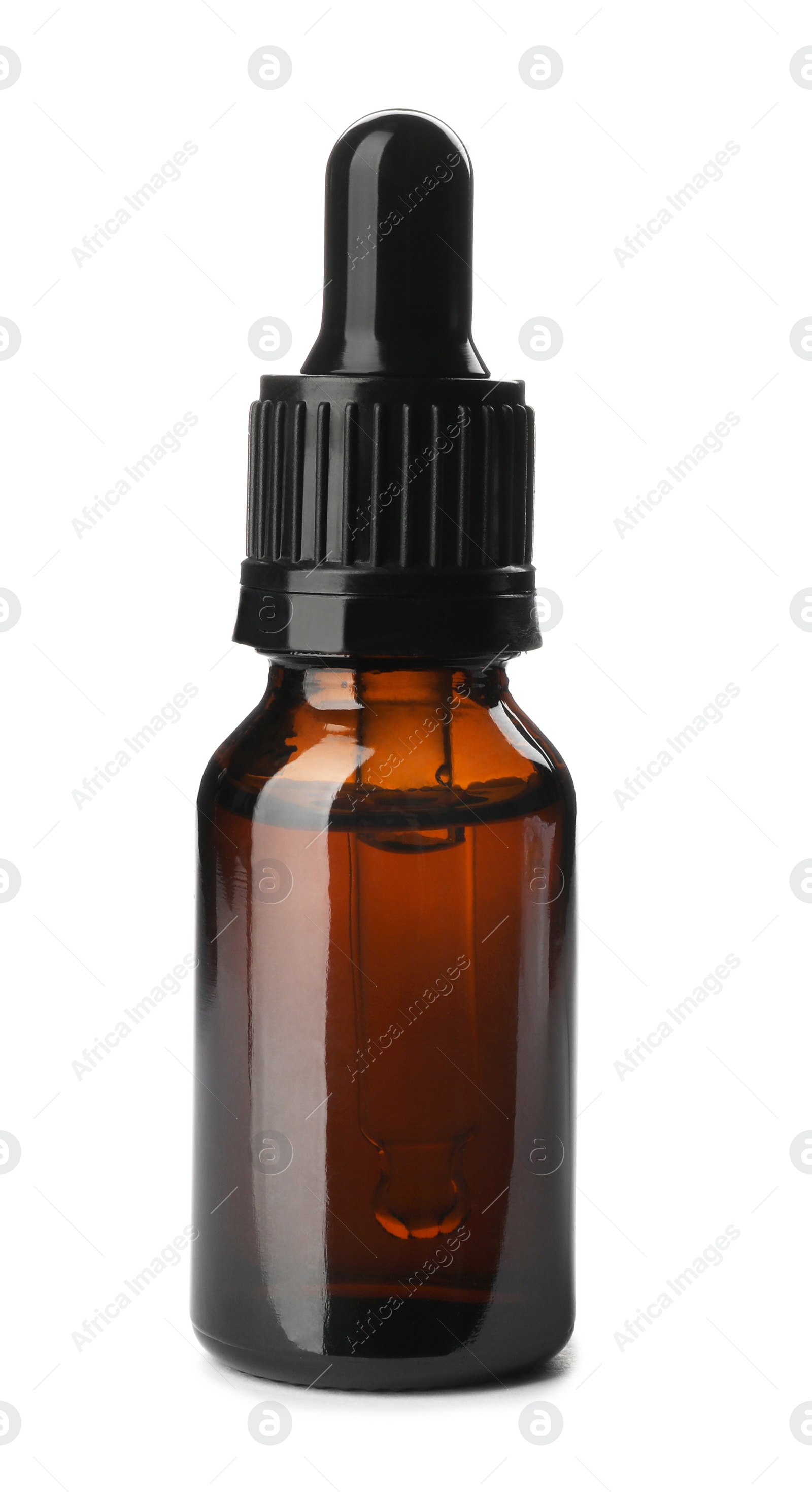 Photo of Bottle of essential oil isolated on white