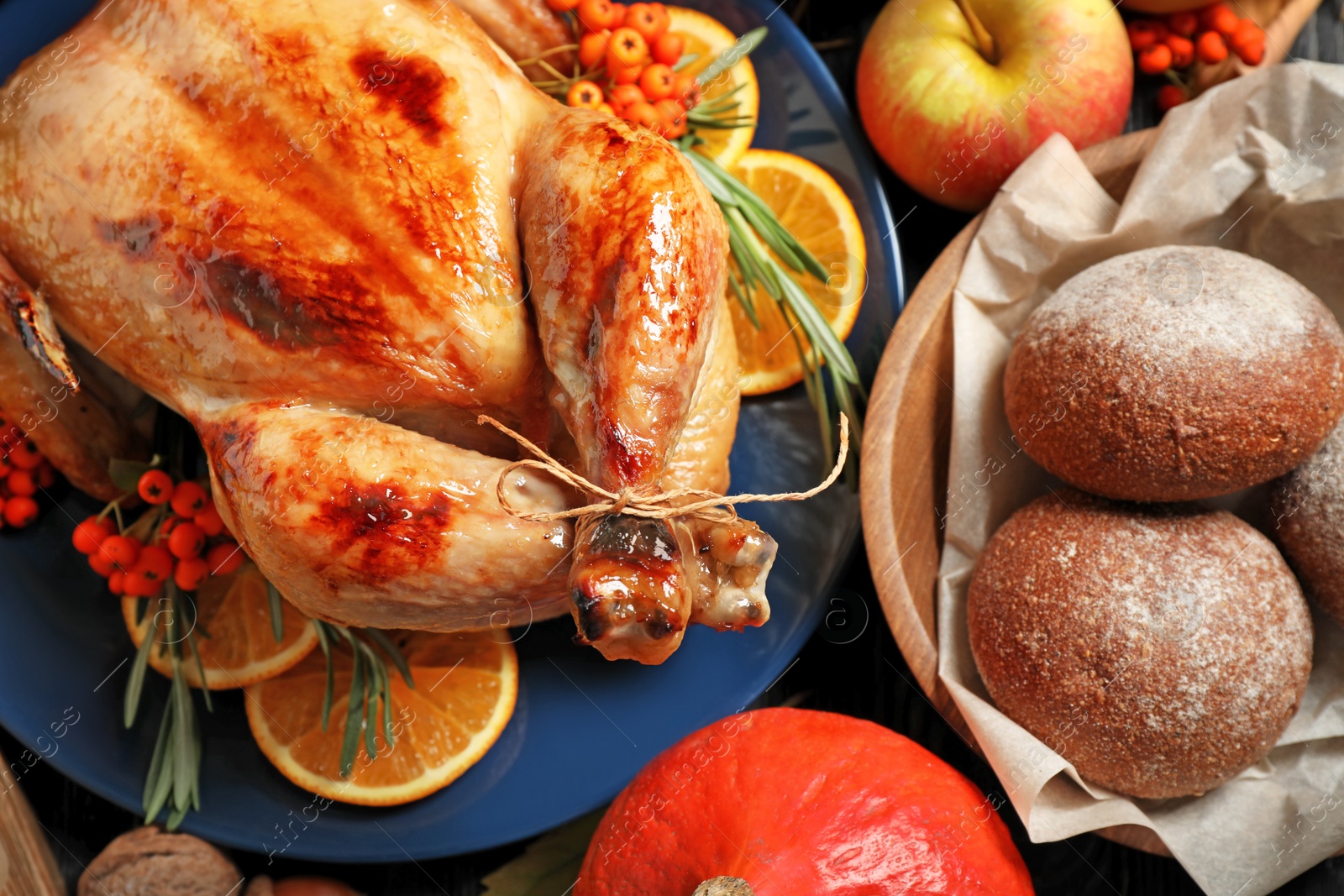 Photo of Composition with turkey and products as background, top view. Happy Thanksgiving day