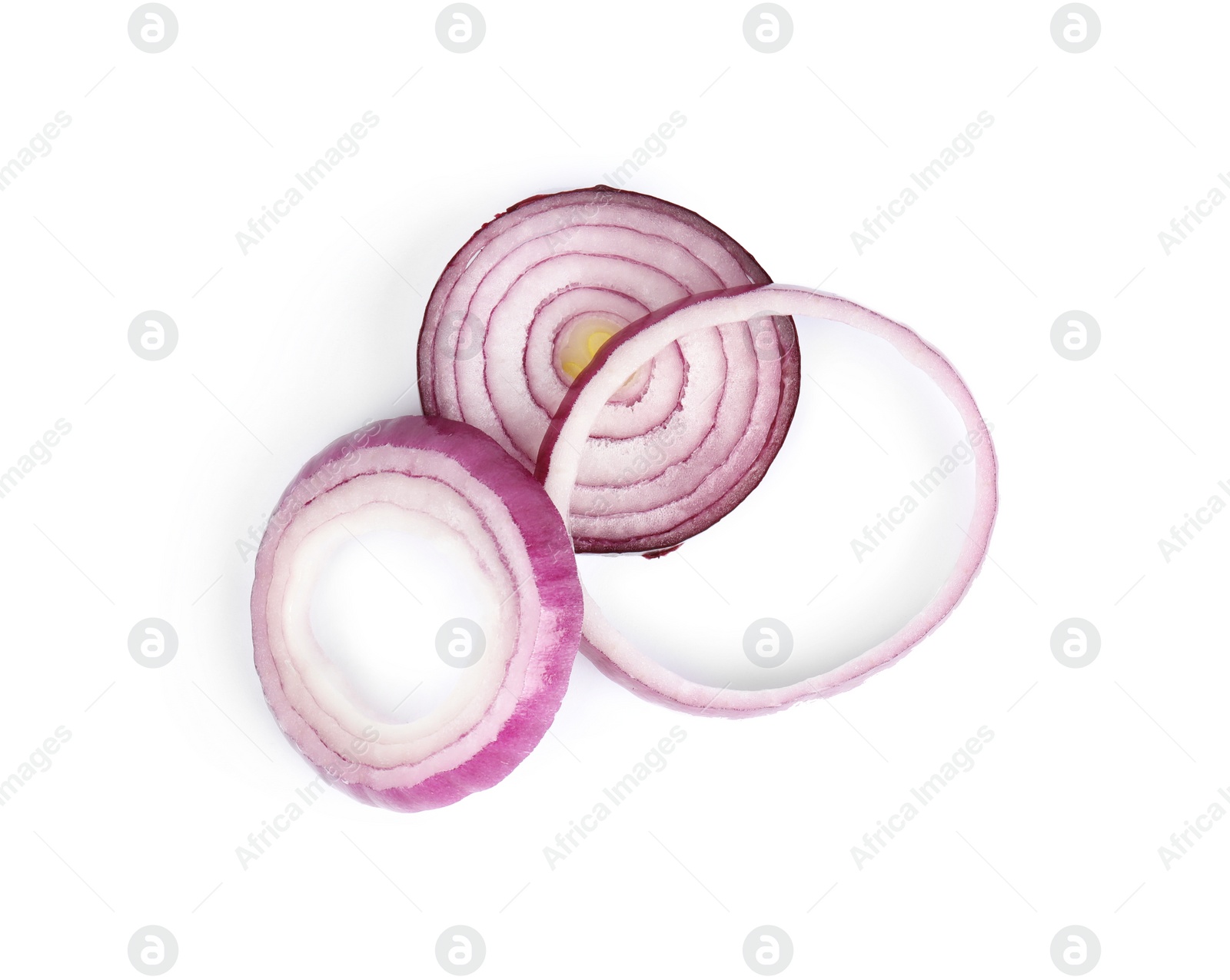 Photo of Red onion rings on white background, top view