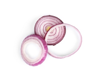 Photo of Red onion rings on white background, top view