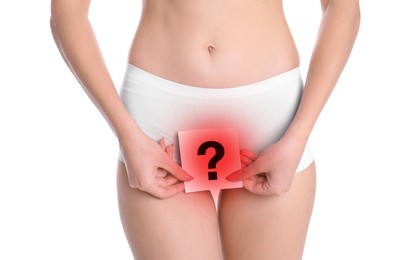 Image of Woman holding paper with question mark on white background, closeup. Vaginal yeast infection