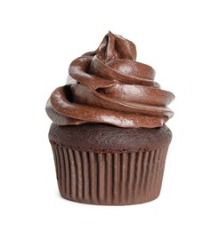 Delicious chocolate cupcake with cream isolated on white