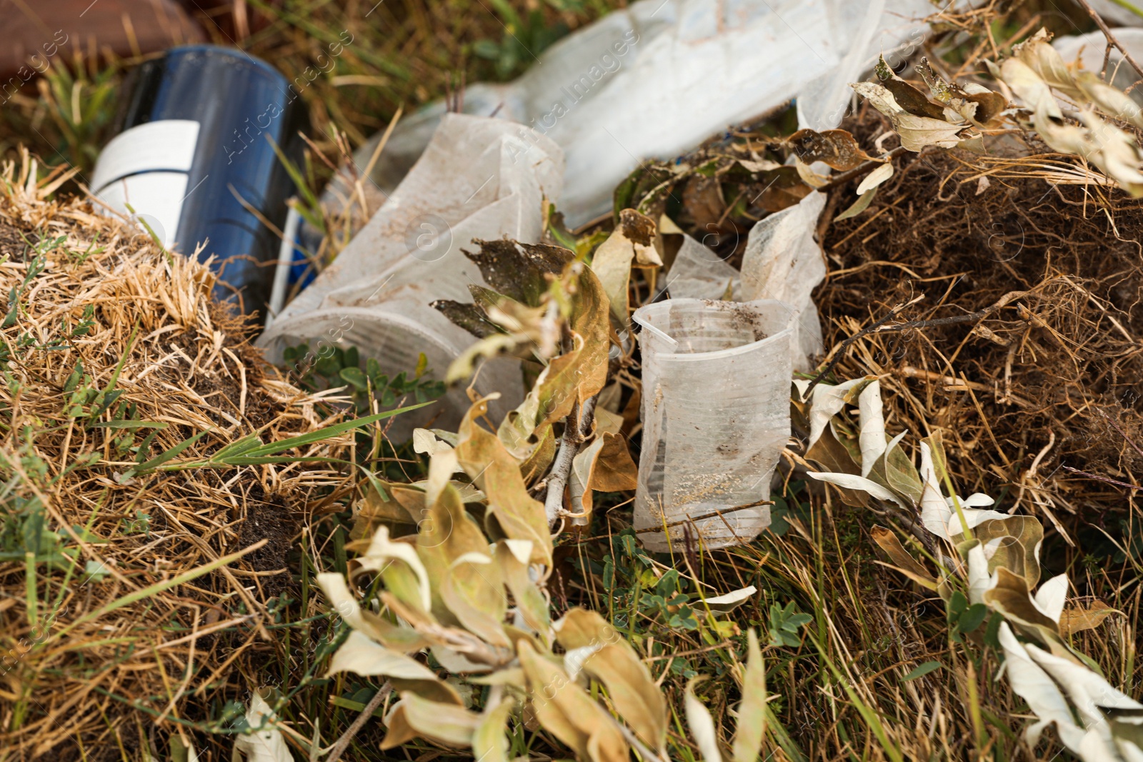 Photo of Garbage scattered on grass. Environment pollution problem