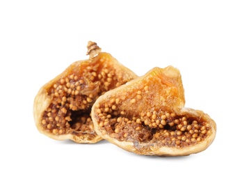 Photo of Dried fig cut in half on white background. Organic snack