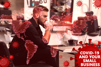 Image of Double exposure of young man working with laptop in his barber shop and world map. Small business crisis during covid-19 outbreak
