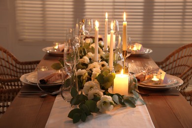 Festive table setting with beautiful tableware and decor indoors