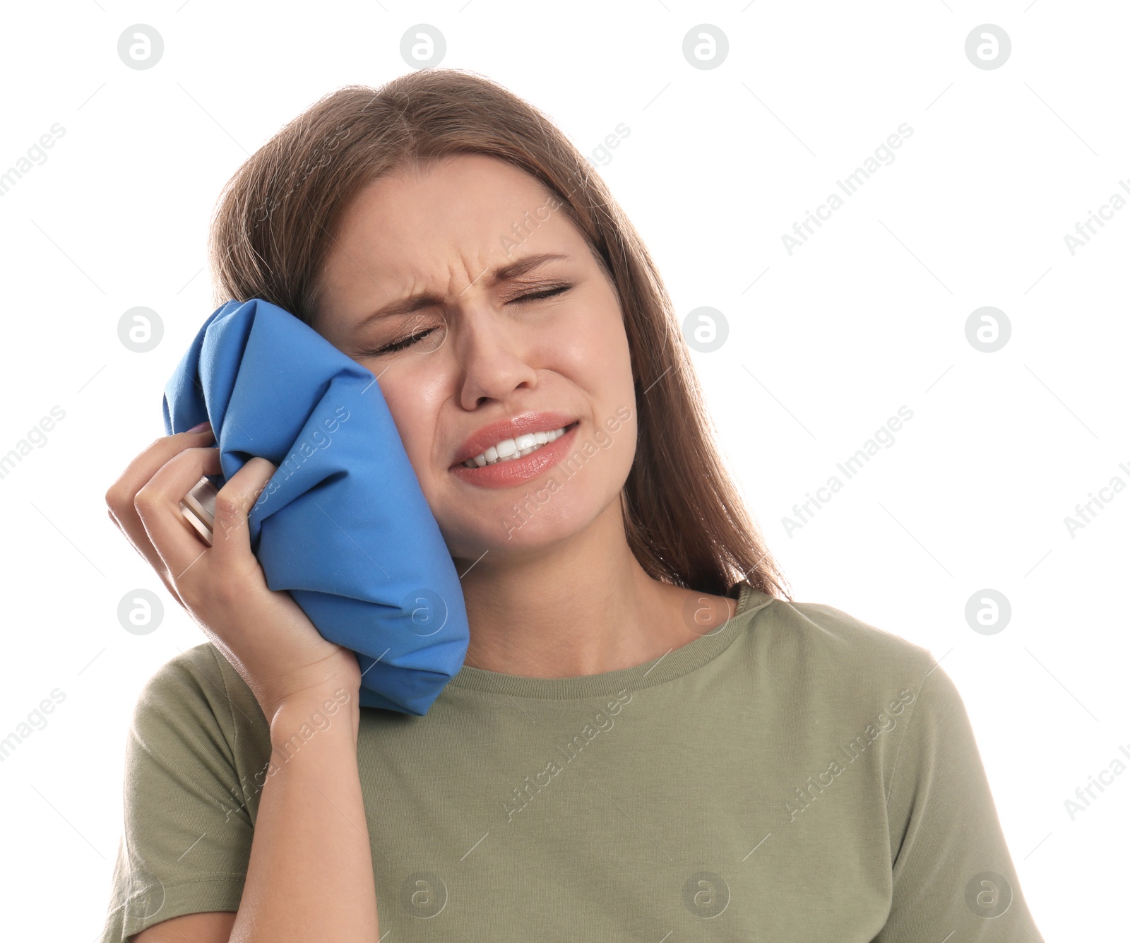 Photo of Young woman suffering from toothache on white background