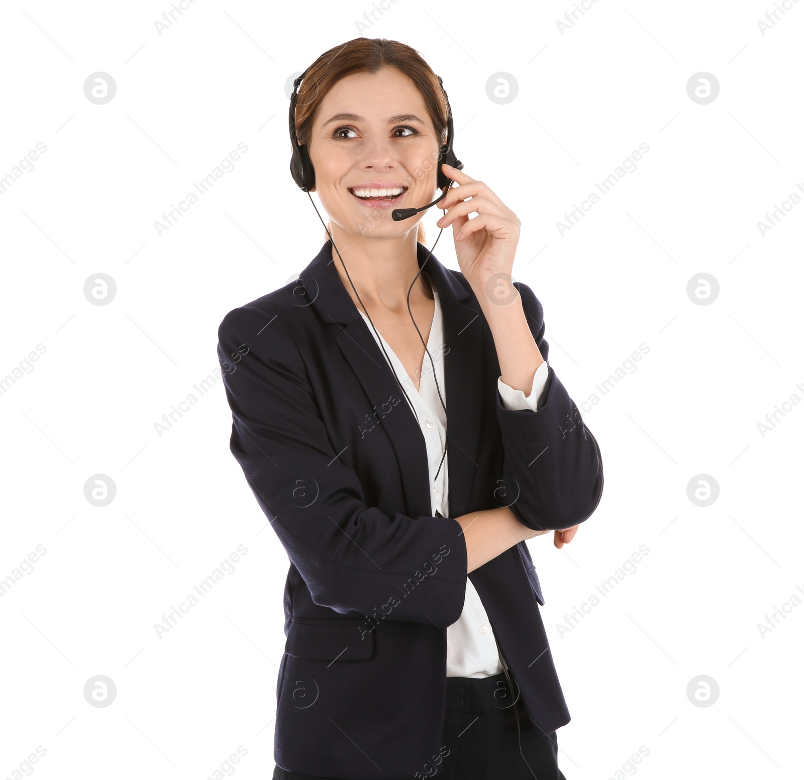 Photo of Female technical support operator with headset isolated on white