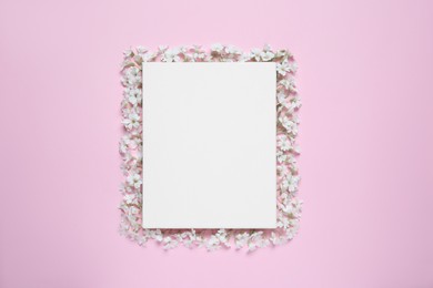 Photo of Blank canvas and beautiful white flowers on pink background, flat lay. Space for design